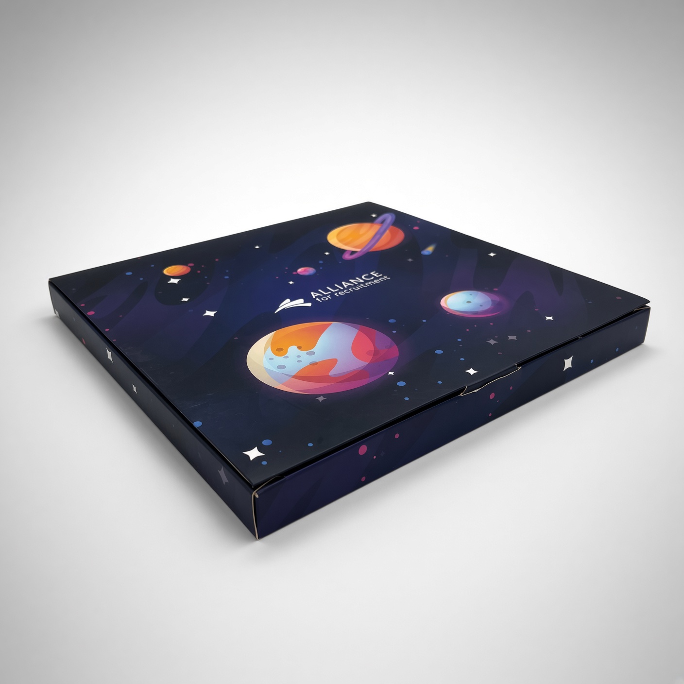 Cardboard box with a space and planets illustration