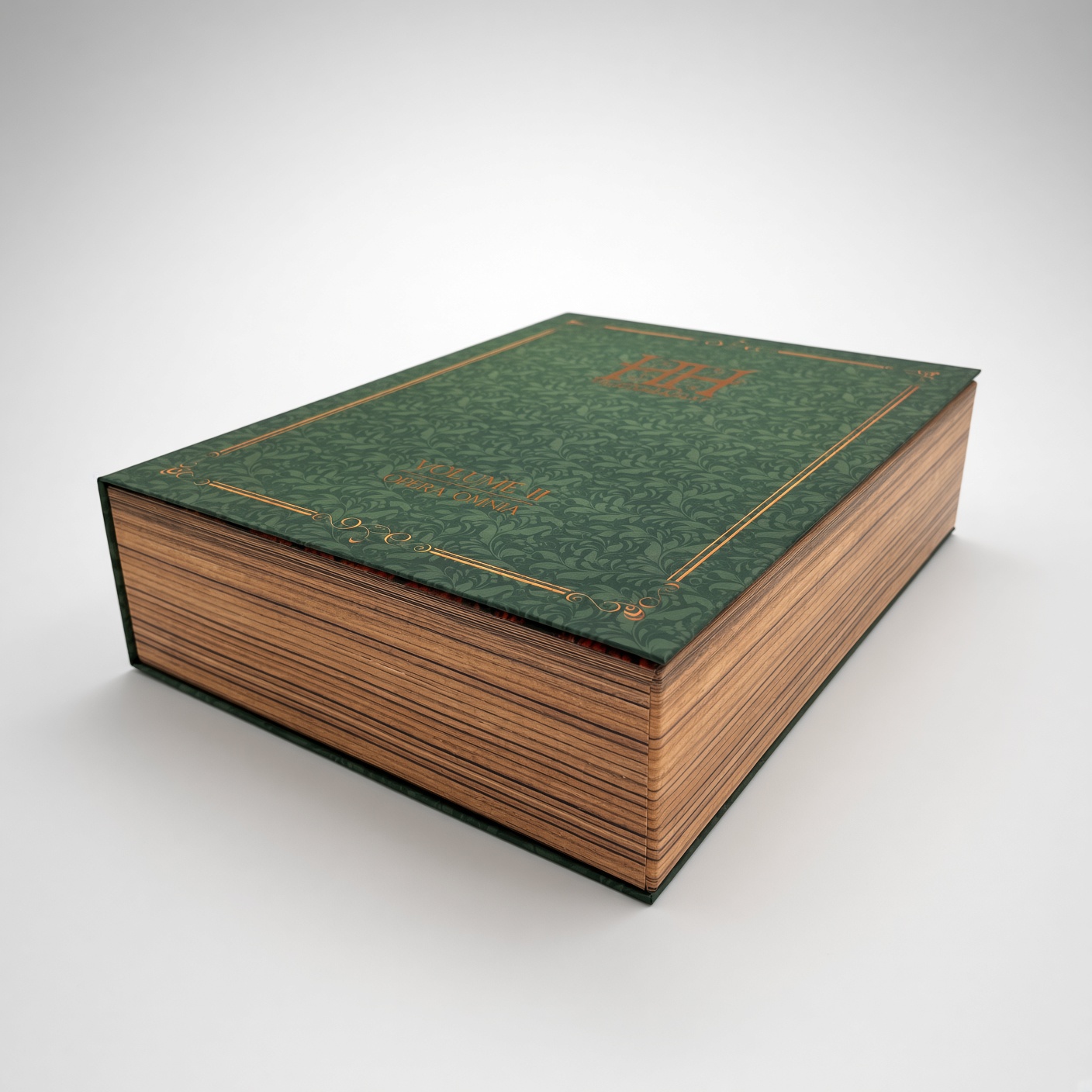 Green box styled as an old book with imitation page edges