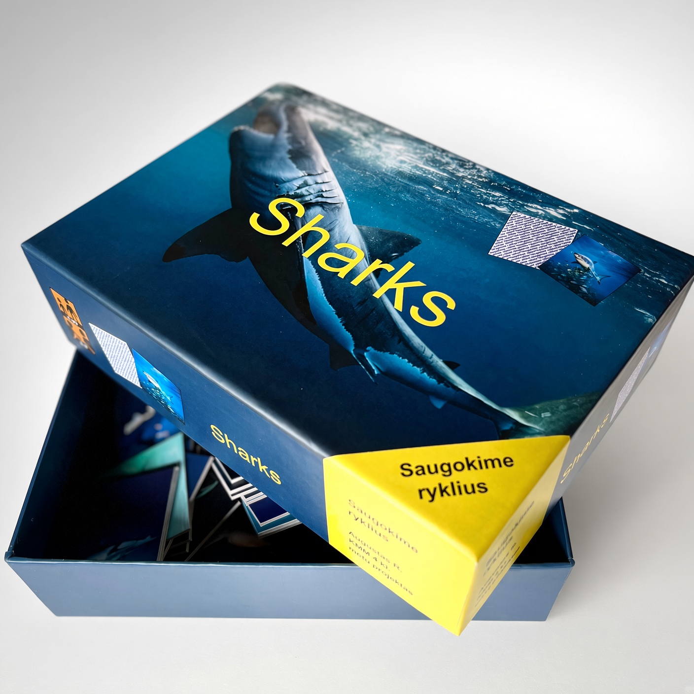 Two-piece rigid educational game box with a shark photo; the lid is open, showing rigid cards inside