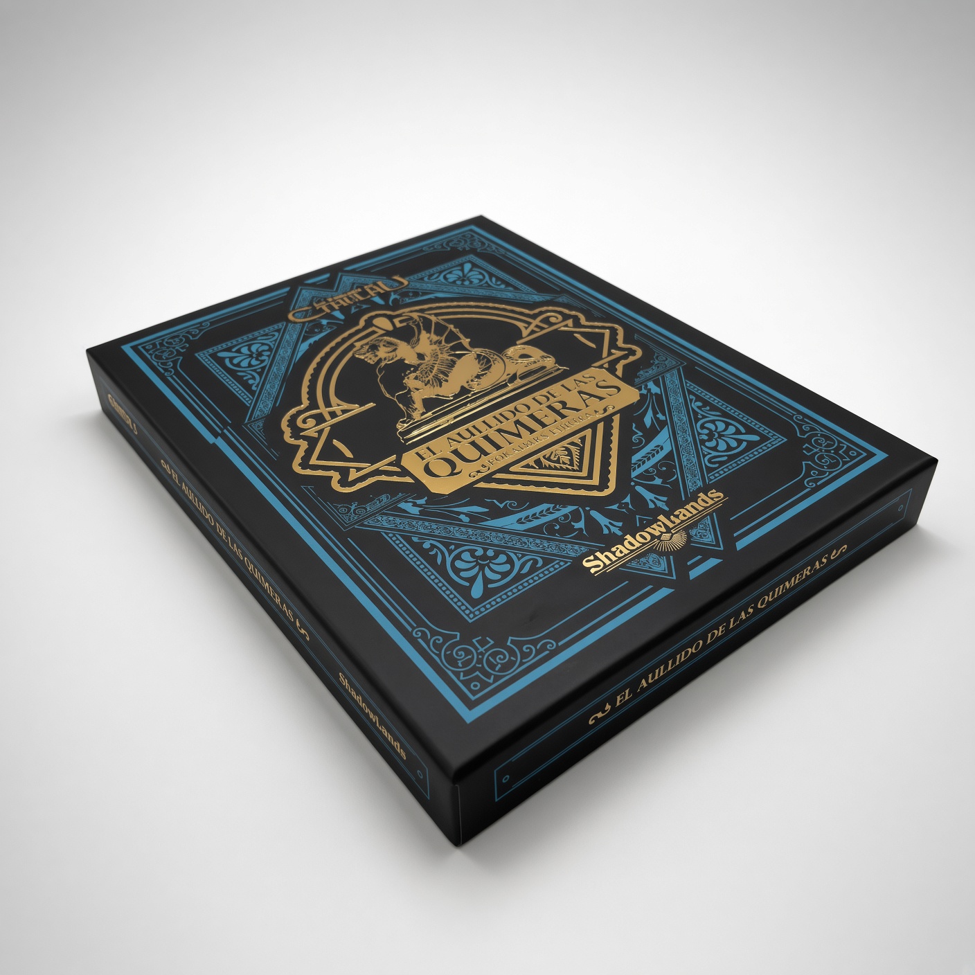 Dark blue two-piece rigid game box with a gold and turquoise ornamental frame