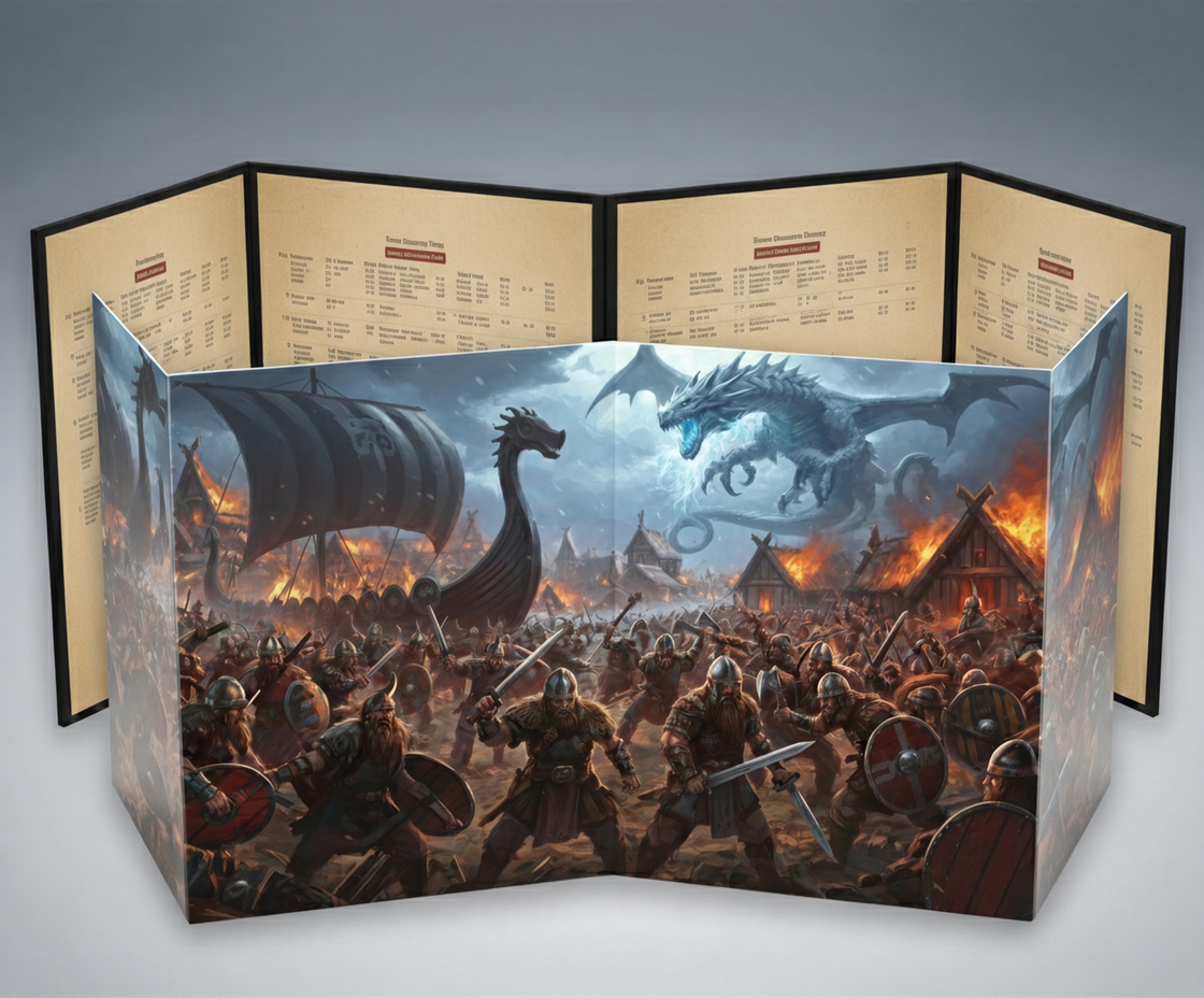 Four-panel RPG screen with an illustration of Vikings battling a dragon