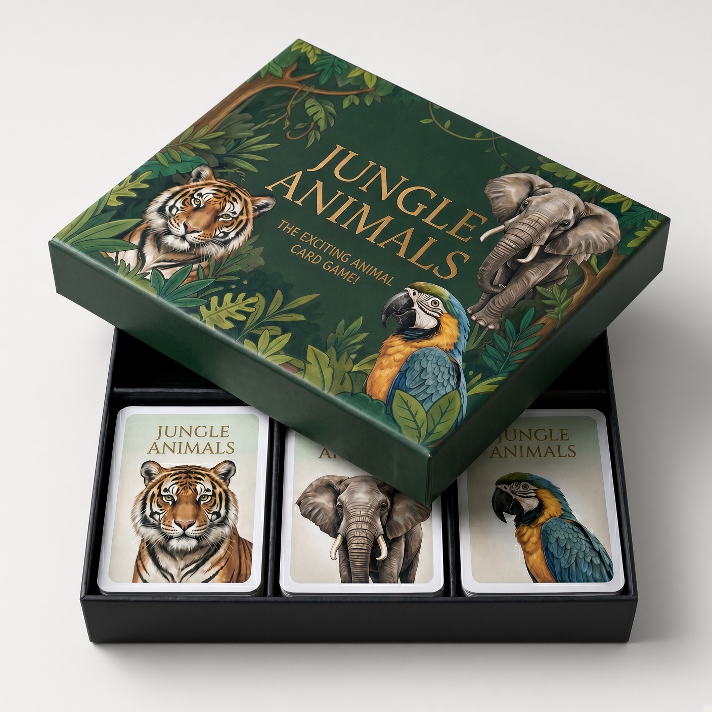 Two-piece card game box with three card compartments inside