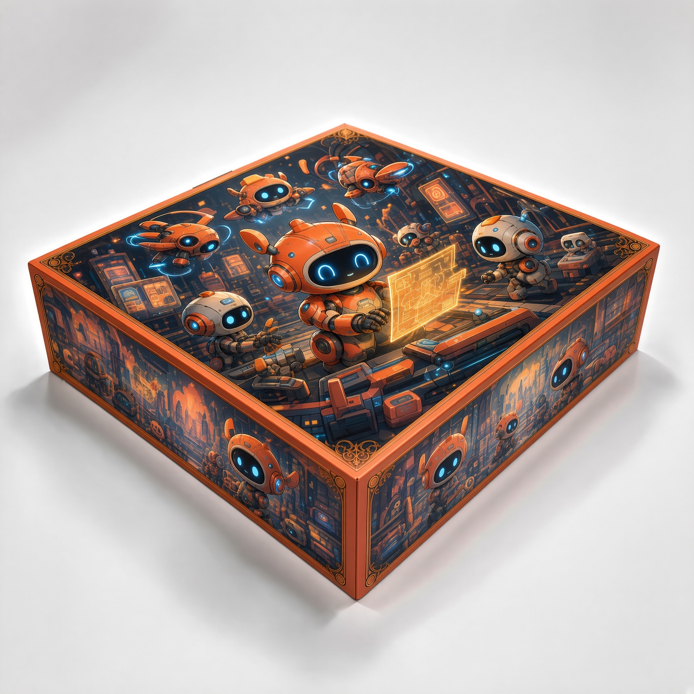 Two-piece game box with an illustration of orange cartoon robots