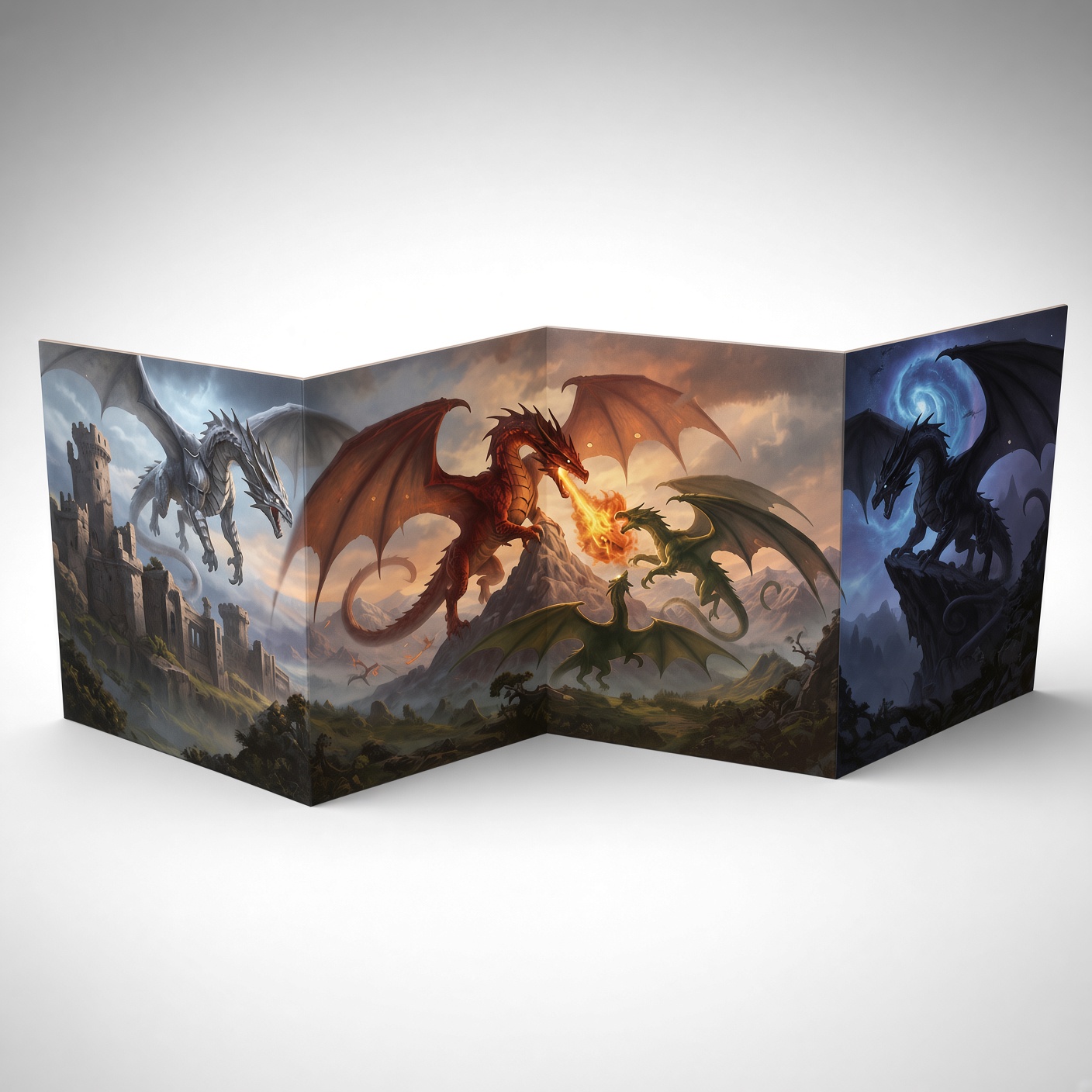 Unfolded RPG screen with an illustration of battling dragons