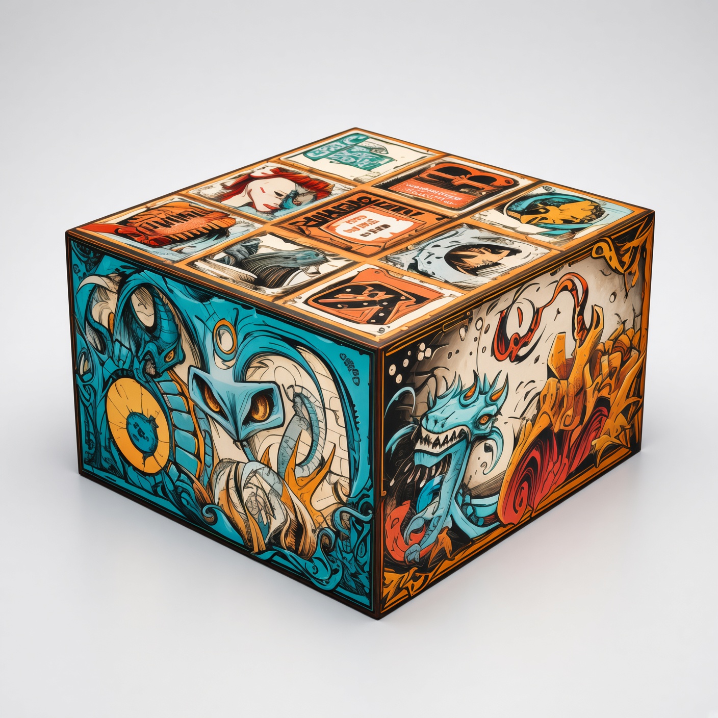 Two-piece rigid game box with colourful fantasy creature illustrations