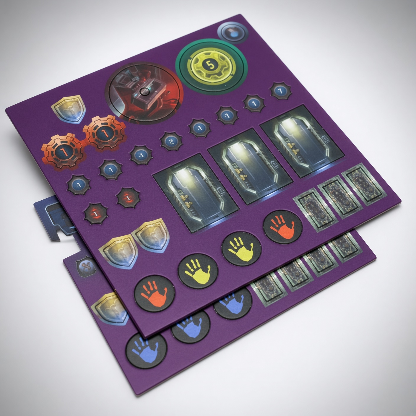 Purple cardboard sheets with die-cut game tokens