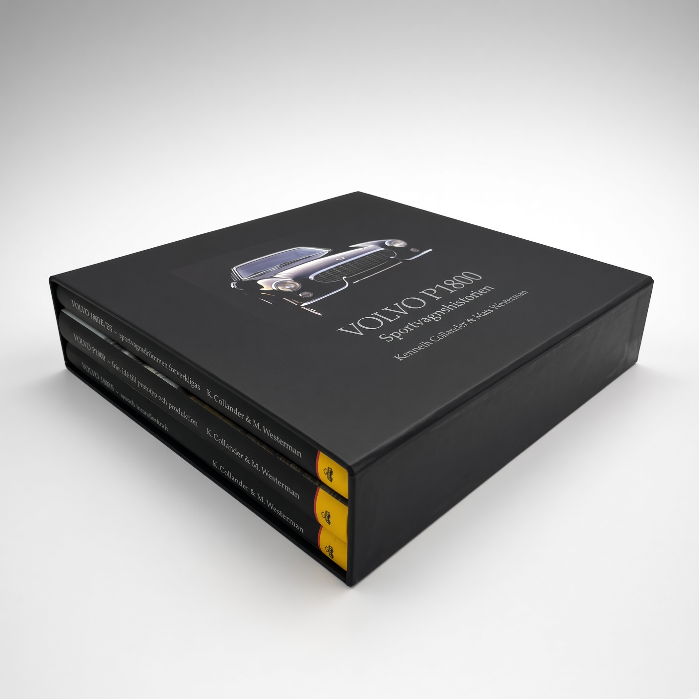 Black book slipcase with a car illustration, holding books with yellow spines