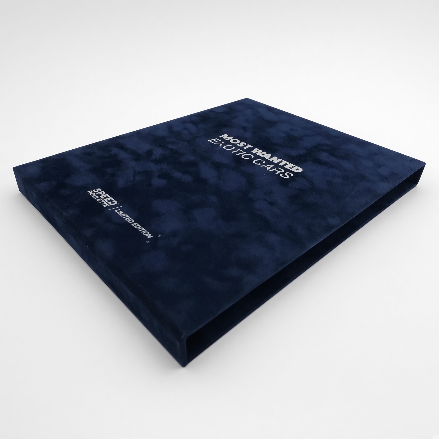 Dark blue velvet premium book slipcase with silver foil