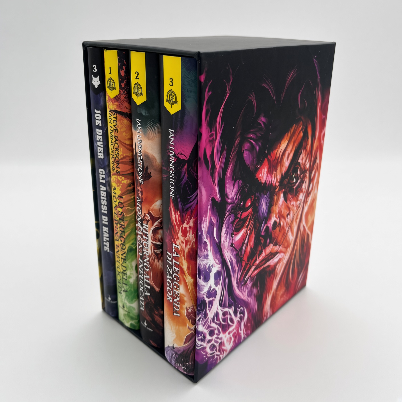 Large book slipcase with a fantasy illustration, holding four books