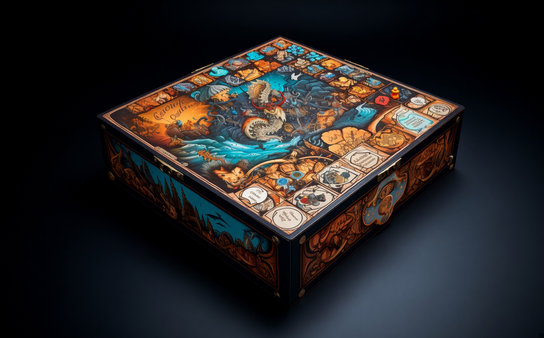 Board game box with a colourful fantasy illustration on the lid and sides