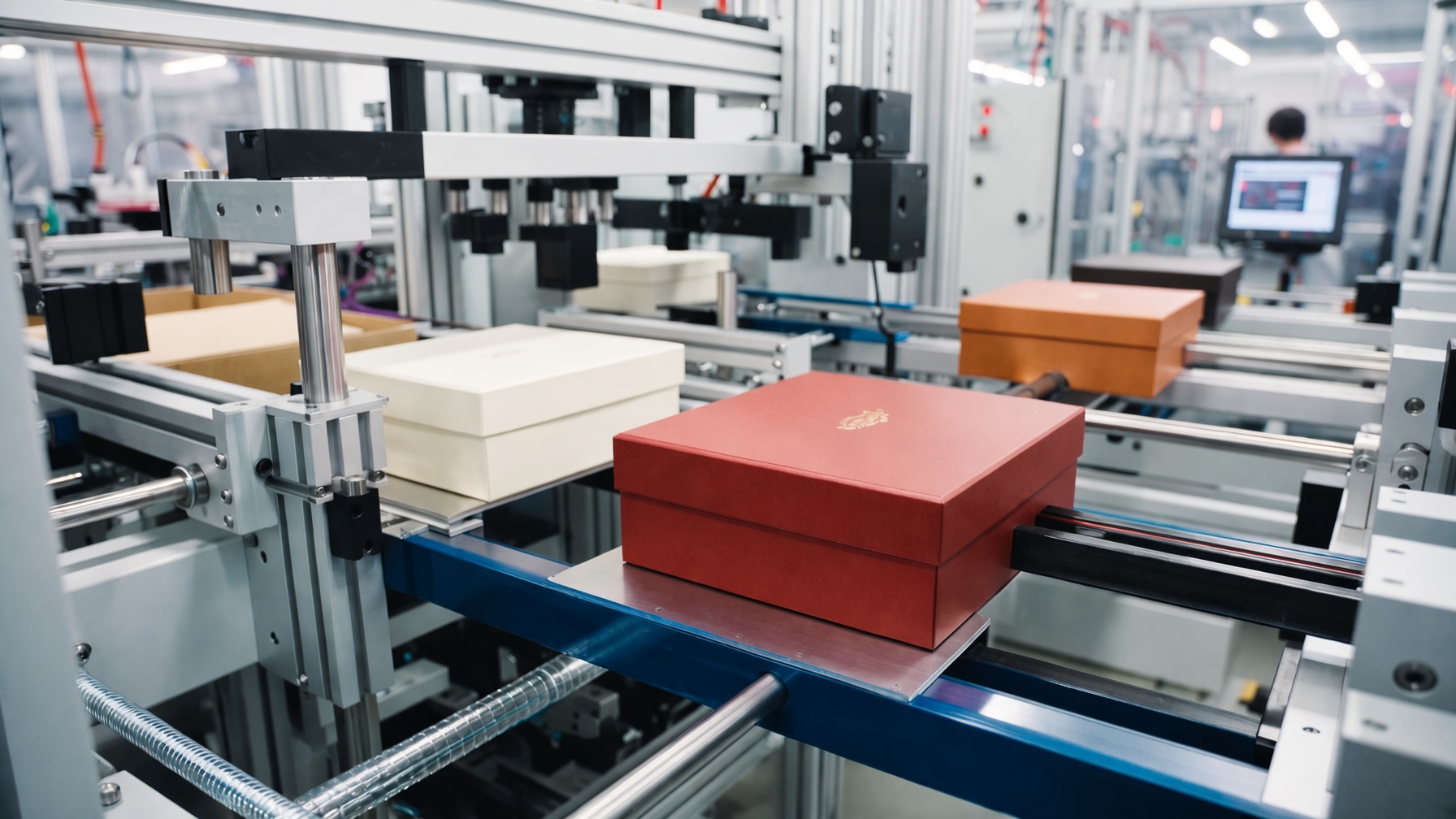 Automated packaging production line with red, white and orange boxes moving along it